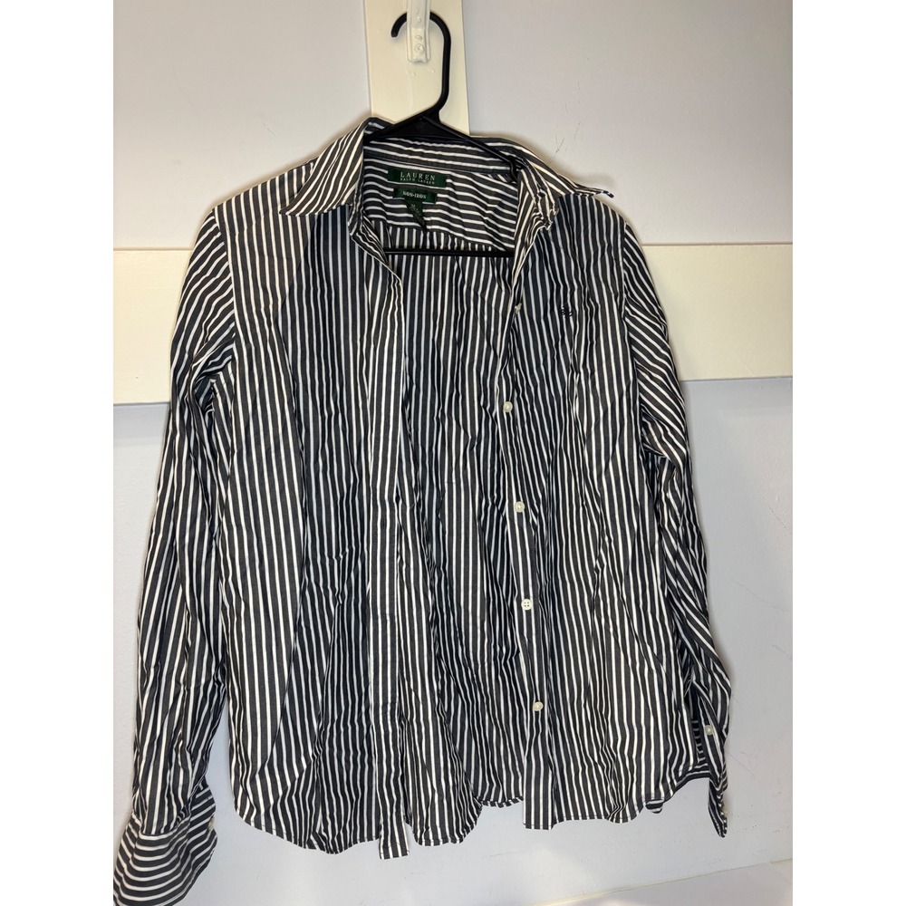Lauren Ralph Lauren Gray White Striped 100% Cotton Button Down Shirt M